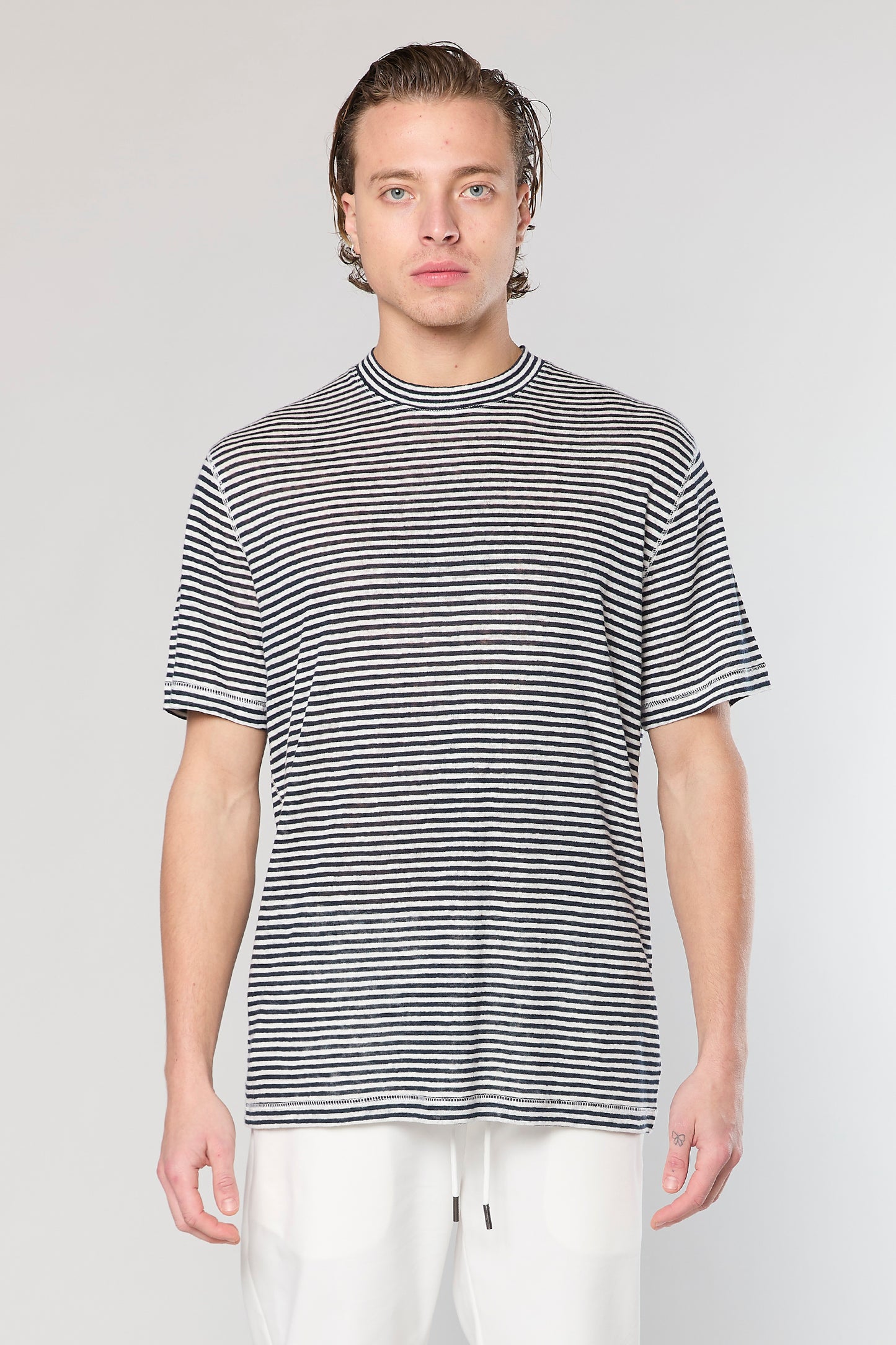 White/Blue Stripe Linen 718 T-SHIRT