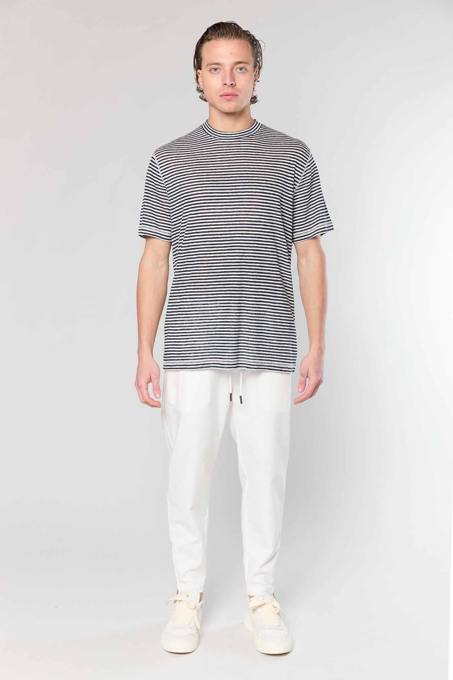 White/Blue Stripe Linen 718 T-SHIRT