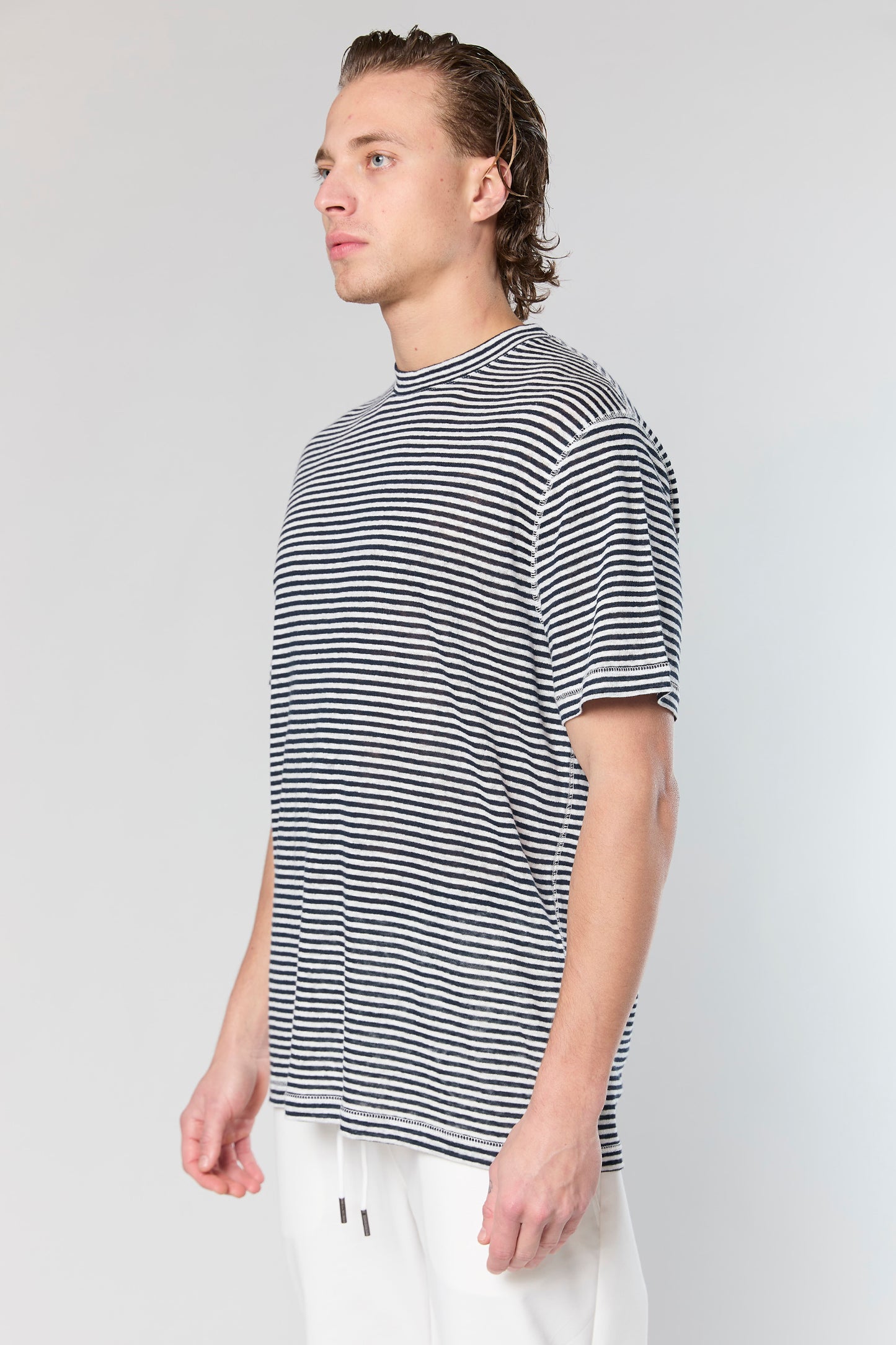 White/Blue Stripe Linen 718 T-SHIRT